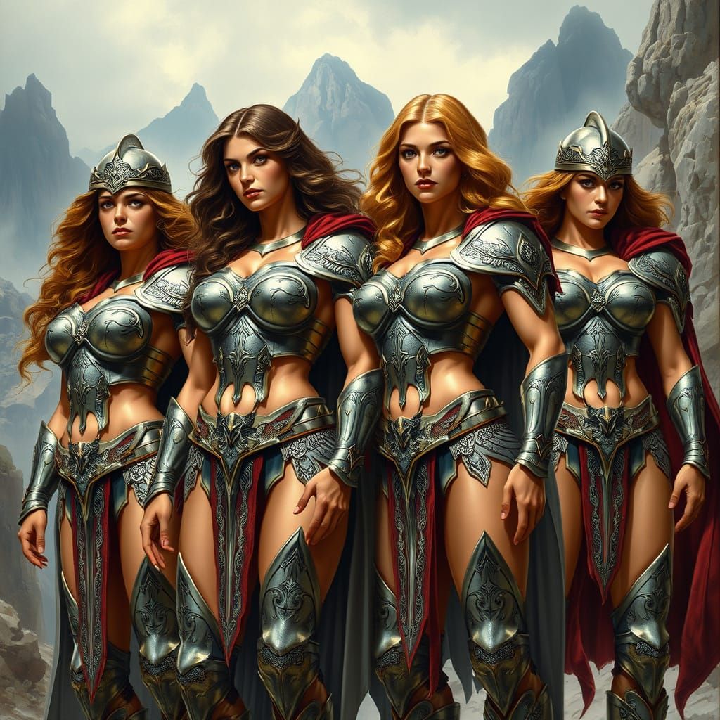 Four Amazons Stand Tall in Shimmering Armor, Set Against Dra...