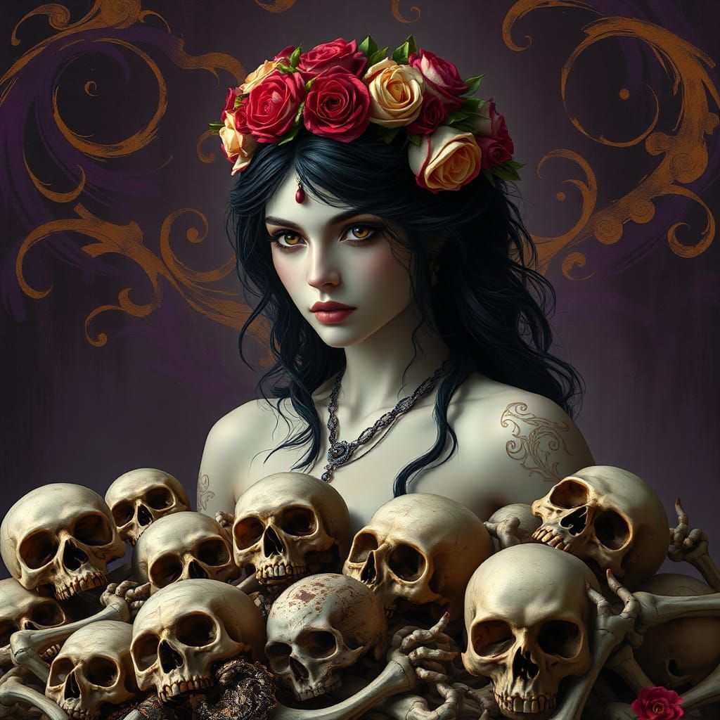 Mystical Gothic Woman with Roses, in Art Nouveau Style