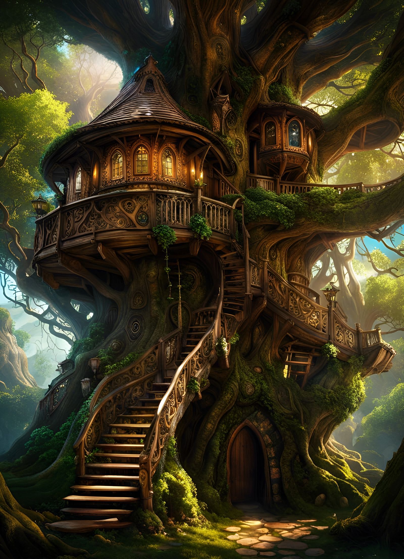 Elven Treehouse Fantasy Art in Gnarled Oak
