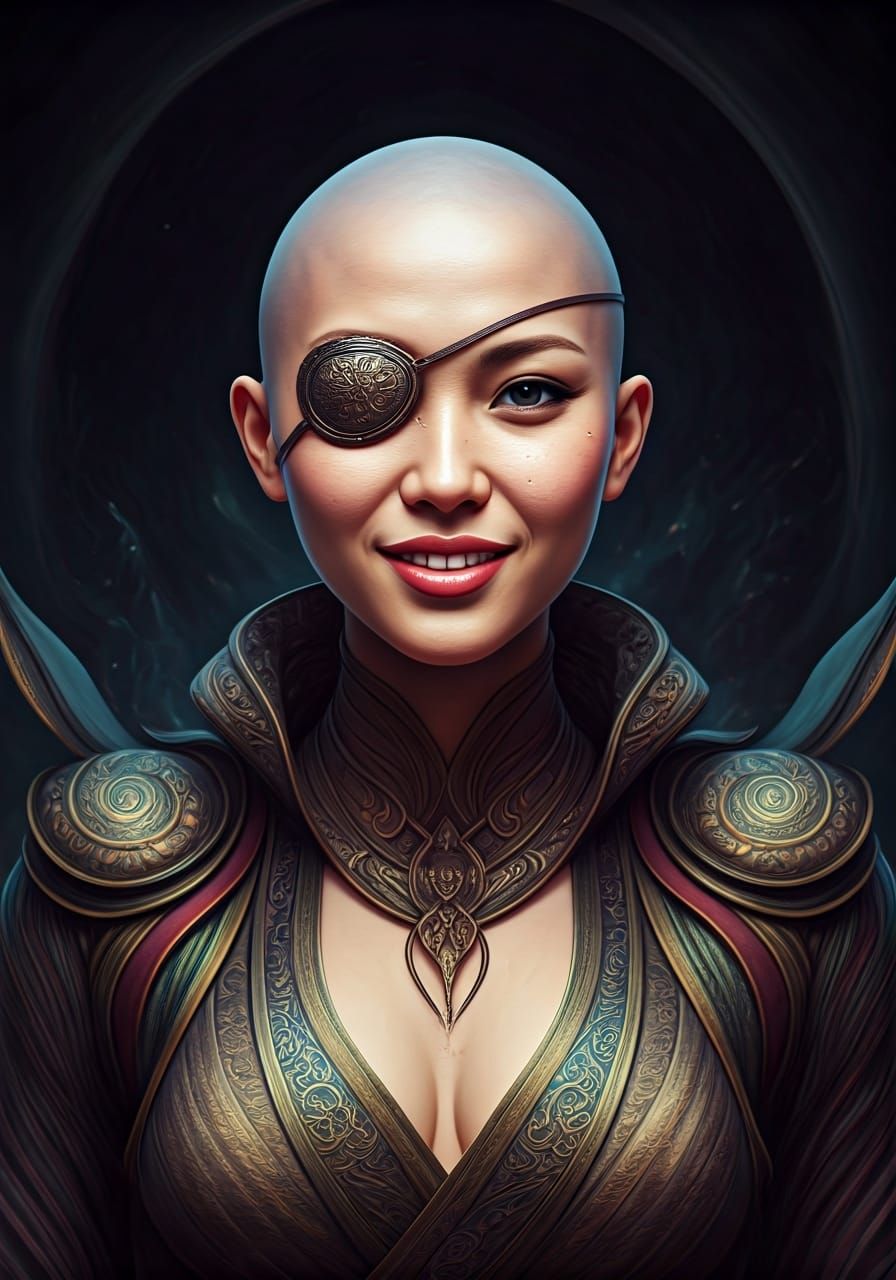 Bald Asian Woman with Eye Patch in Fantasy Art