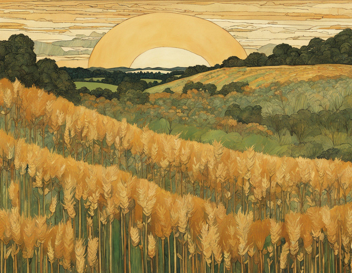 Golden Wheat Field in Vibrant Art Nouveau Style