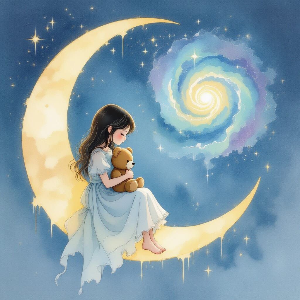 Melancholic Girl on Moon in Watercolor Style