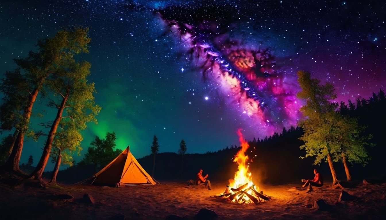 Neon Starry Night Campfire in 3D Collage