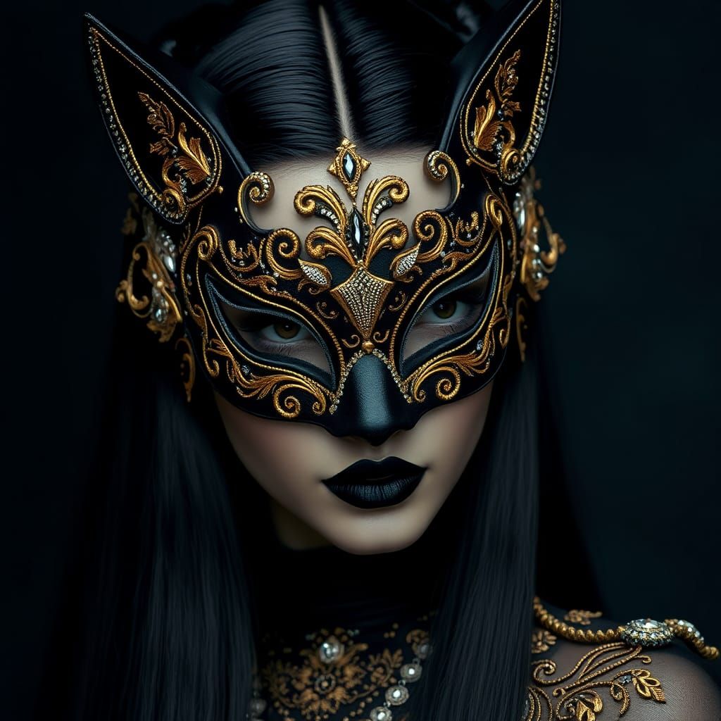 Elegant Woman in Feline Mask with Baroque Details