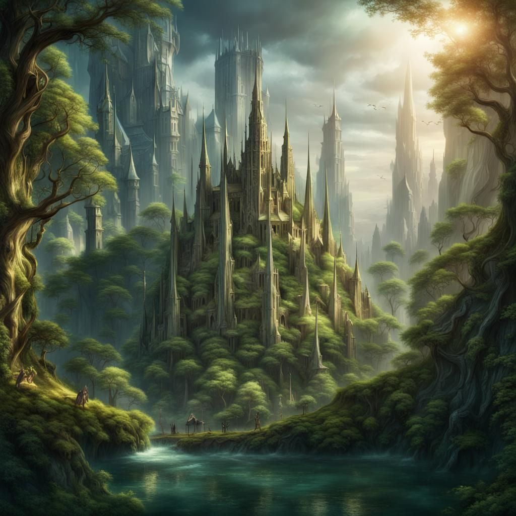 Epic Elven City in Magical Forest: Digital Painting
