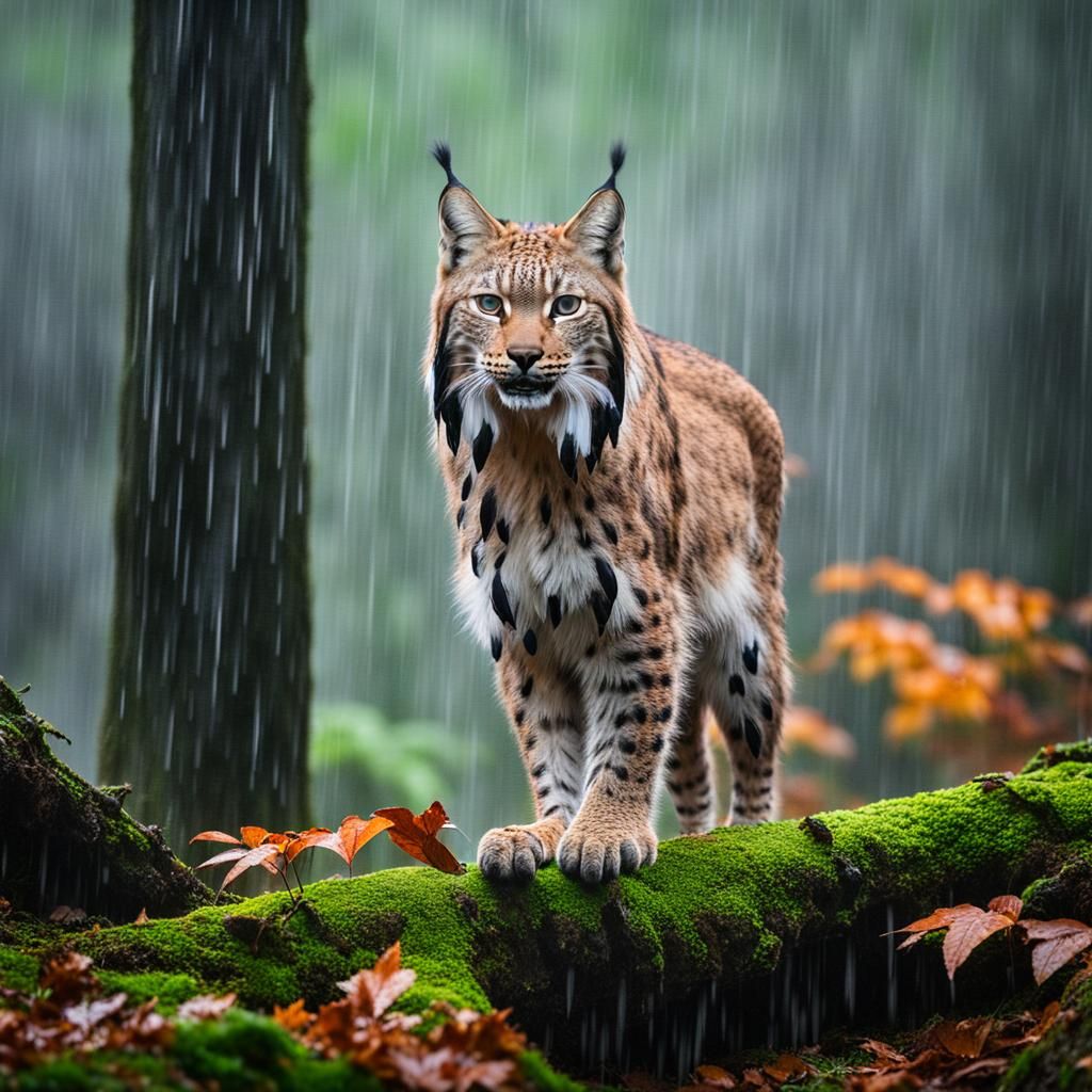 A lynx in a Pacific Northwest forest during heavy rainfall w...