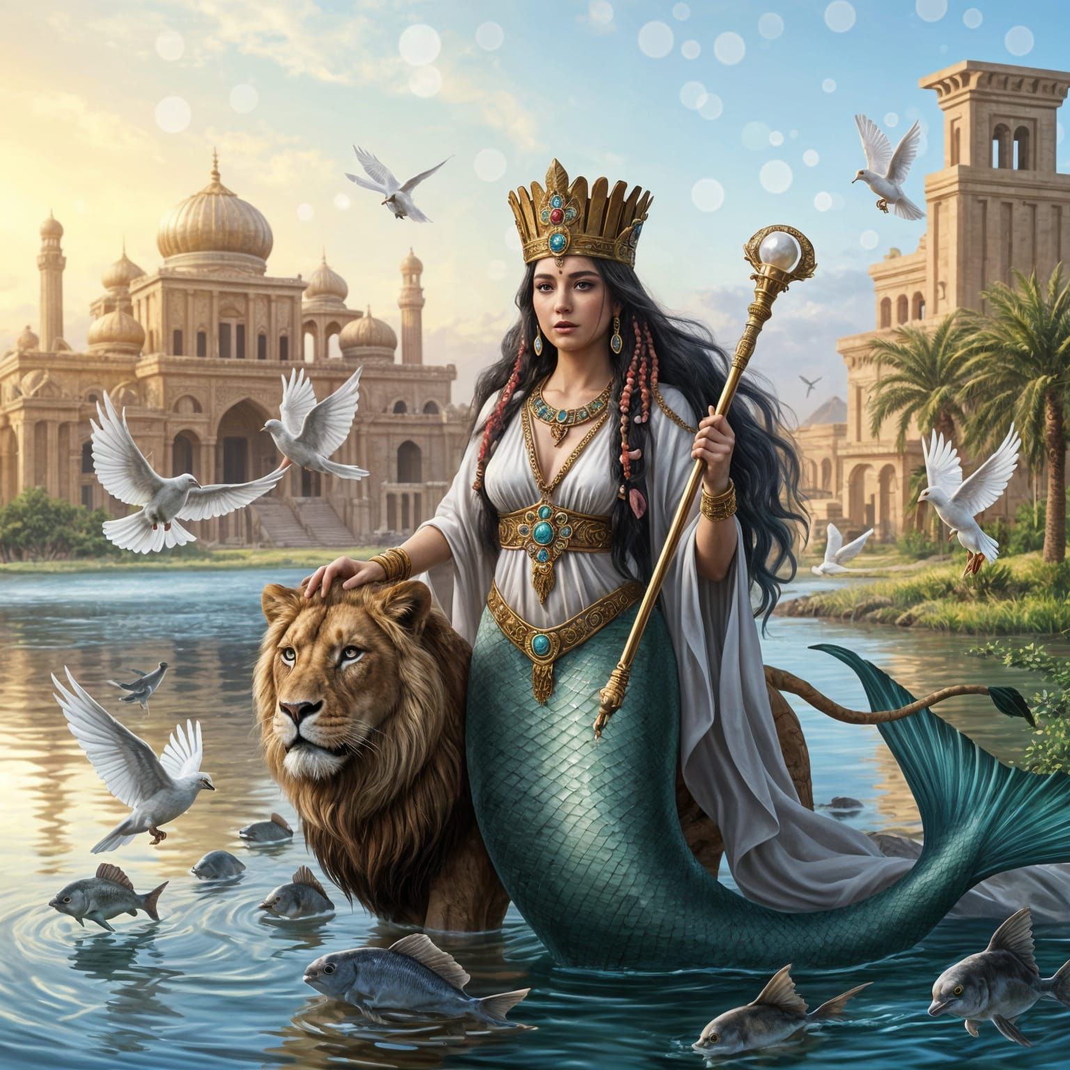 Mermaid Queen Riding a Lion by Temple