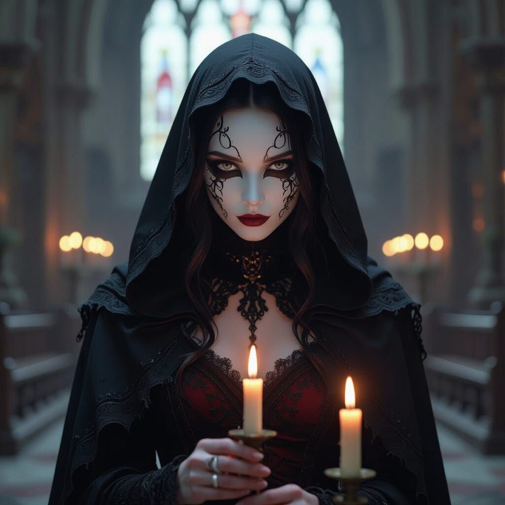 Gothic Woman Performing Dark Magic in Cathedral