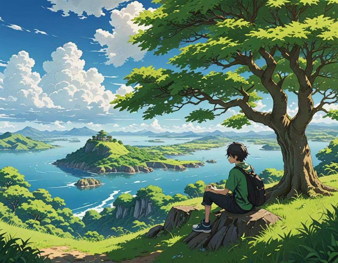 Boy Sits Under Tree Overlooking Ocean