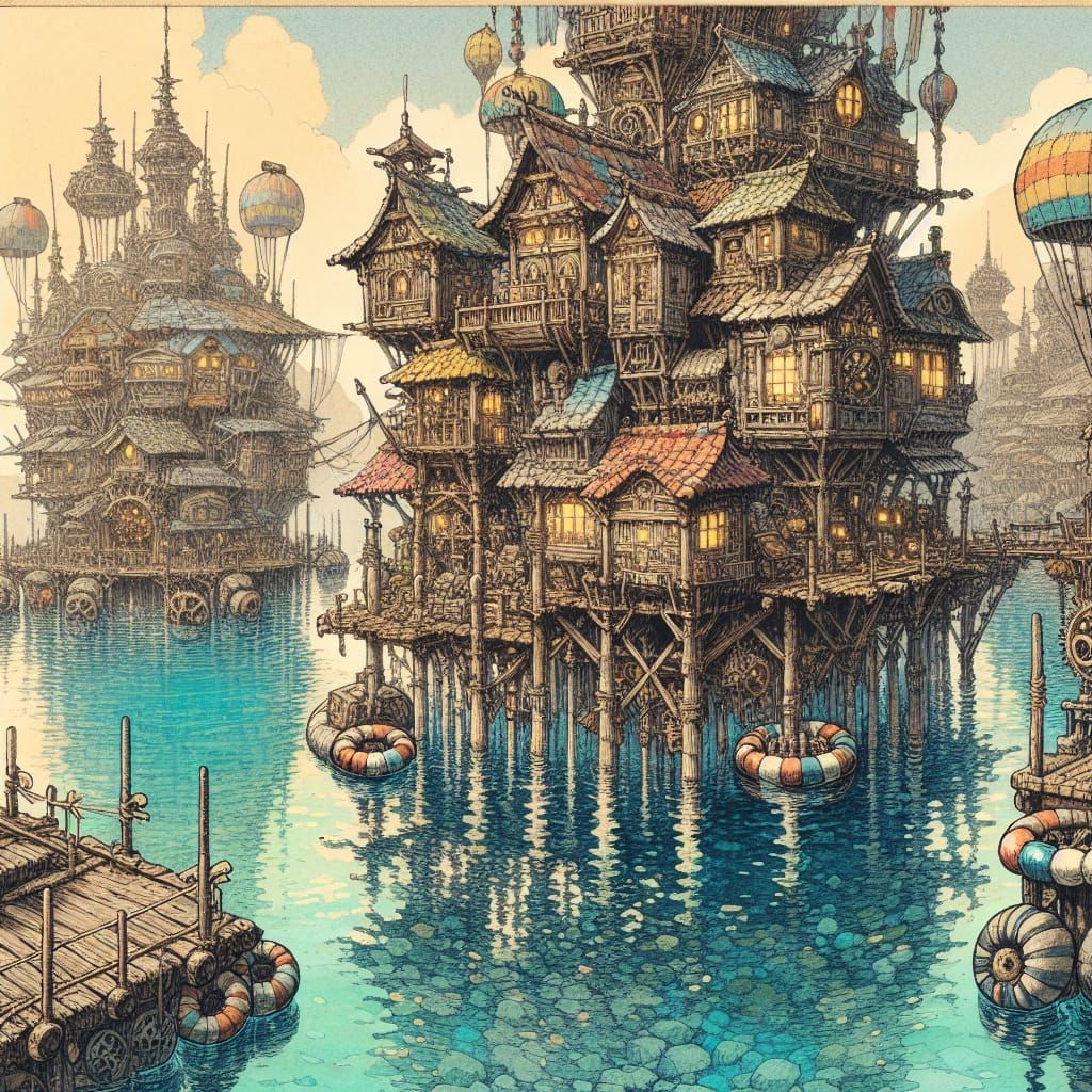 Fantastical Pontoon Village on Azure Lagoon