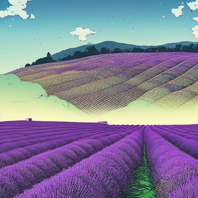 Photorealistic Lavender Field Inspired by Ukiyoe Art