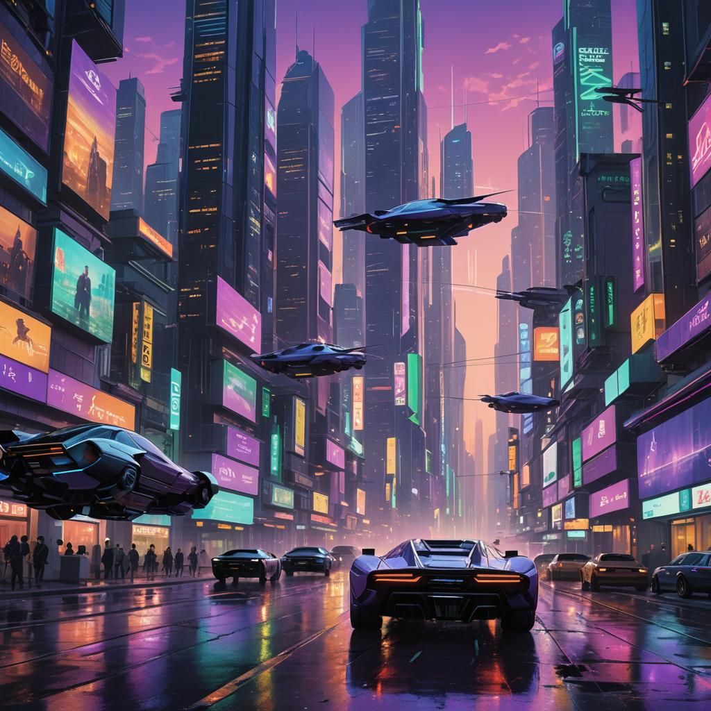Futuristic Cityscape at Dusk in Cyberpunk Style