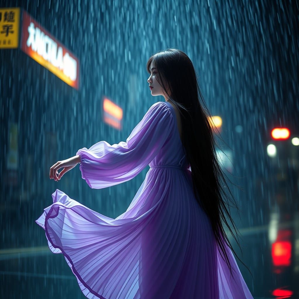 Mystical Hologram Girl Dances in Lavender Rain