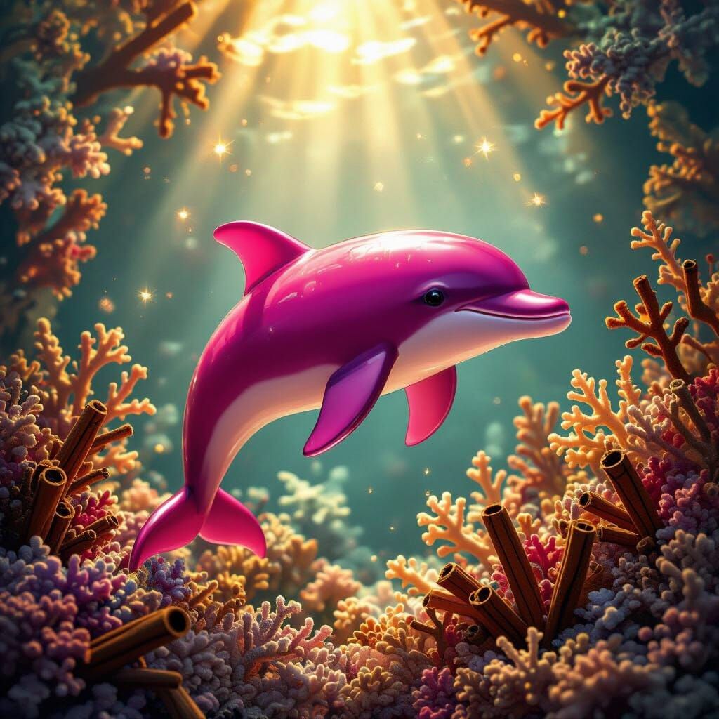 Sea Glass Dolphin Sculpture Amidst Cinnamon Coral