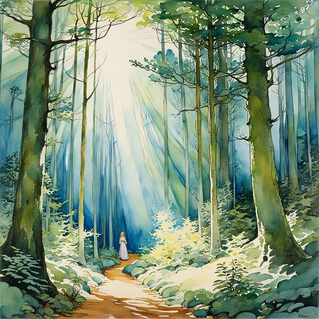 Sunlit Sylph in Forest: Watercolor Fantasy Art