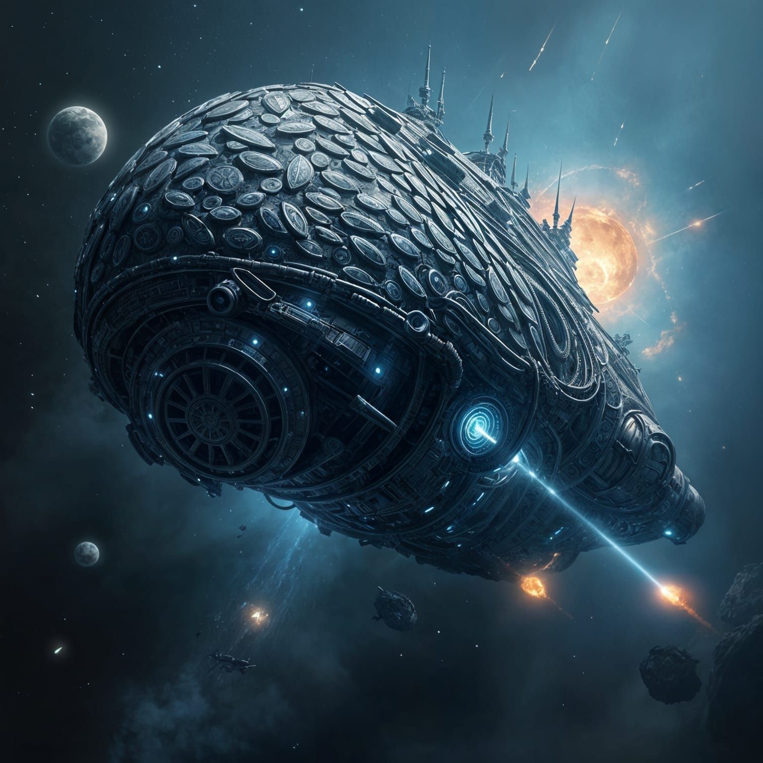 Bio-Mechanical Alien Warship in Dark, Cosmic Expanse
