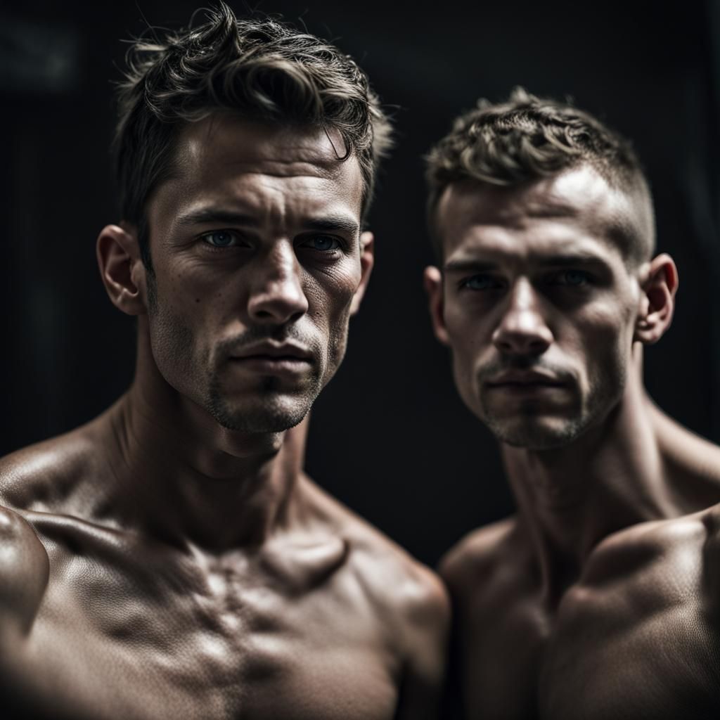 Hyperrealistic Portrait of Two Muscular Men