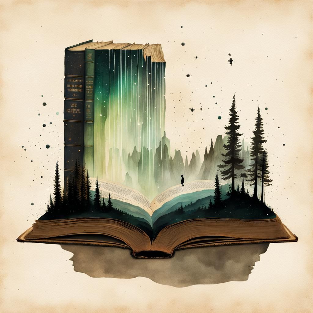 Old Book Levitating in Space: Double Exposure Watercolor