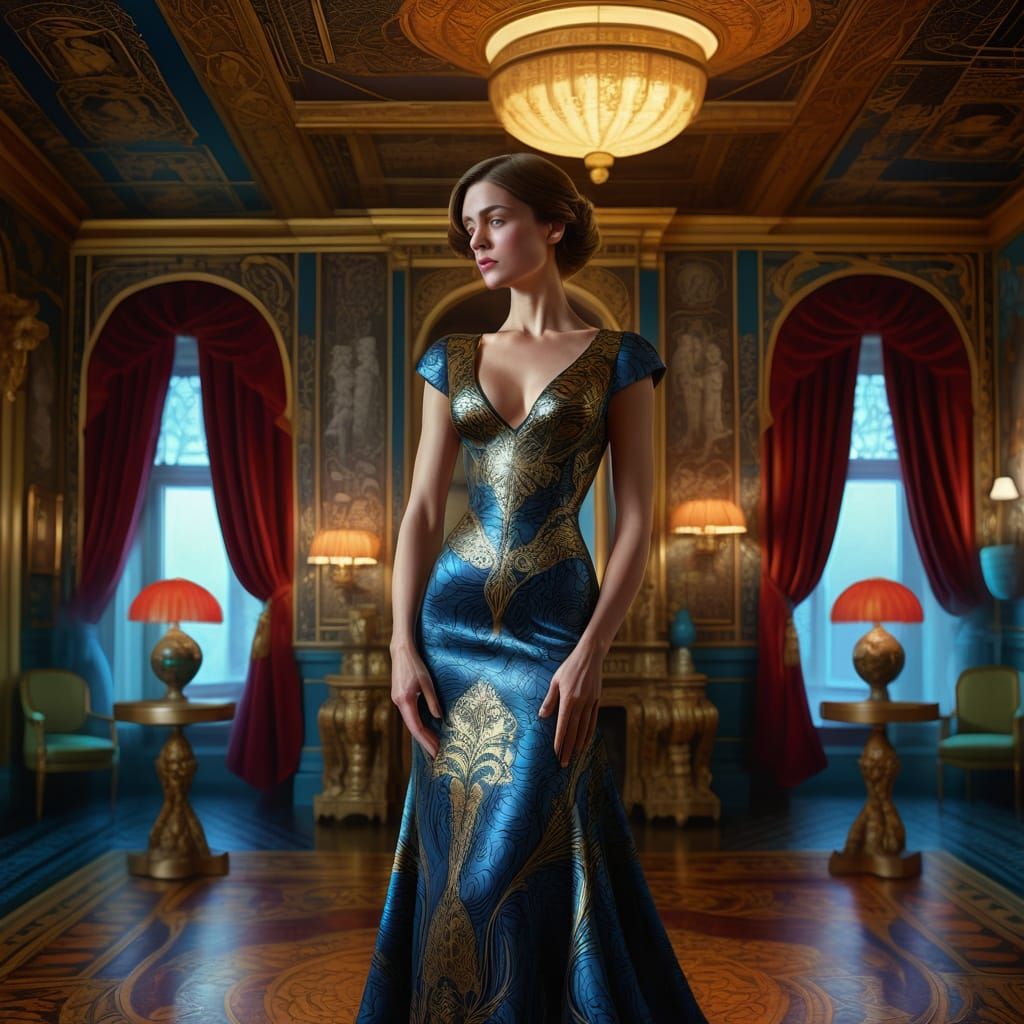 Ornate Room Concept Art with Hyperrealistic Woman