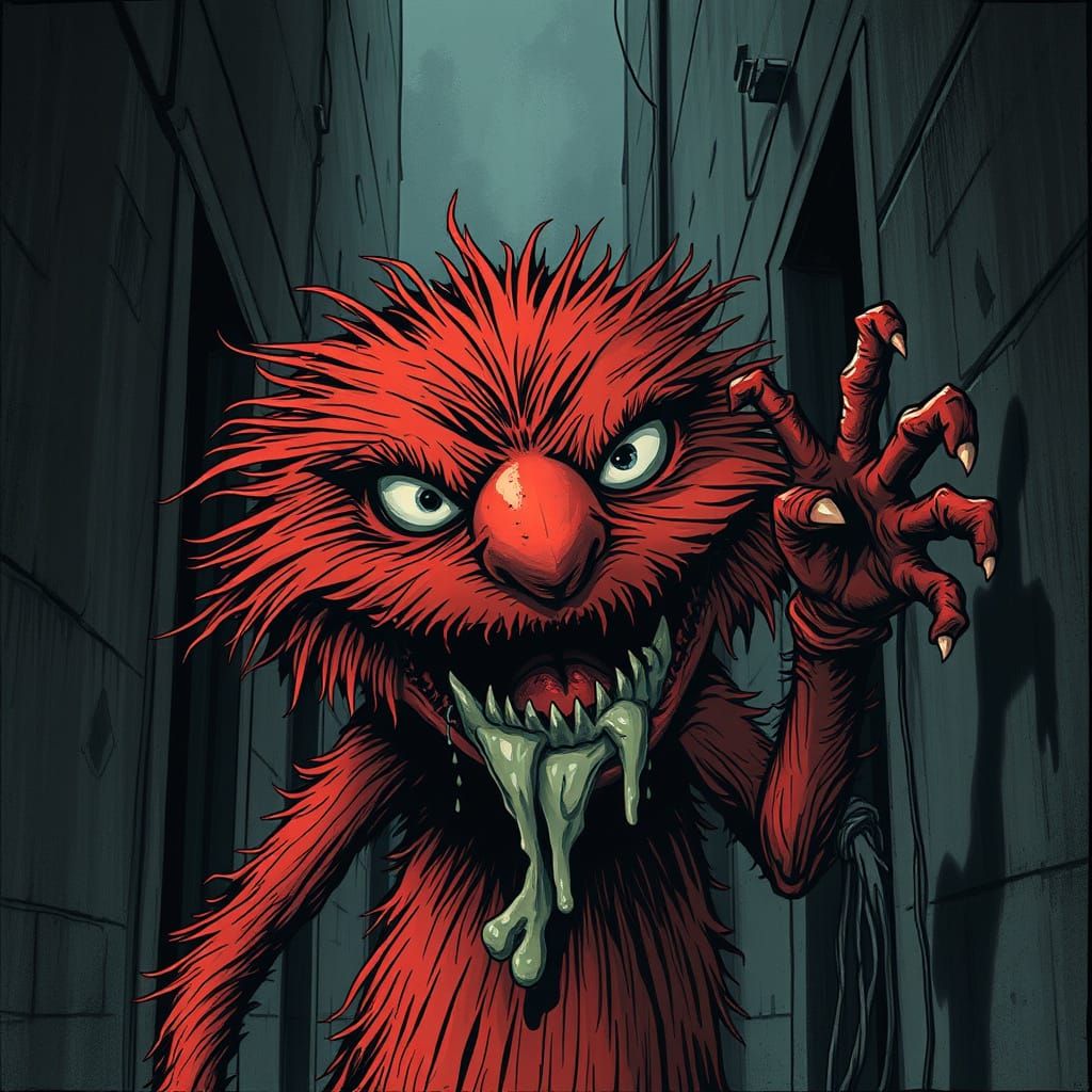 Terrifying Rabid Elmo in Gothic Horror Style