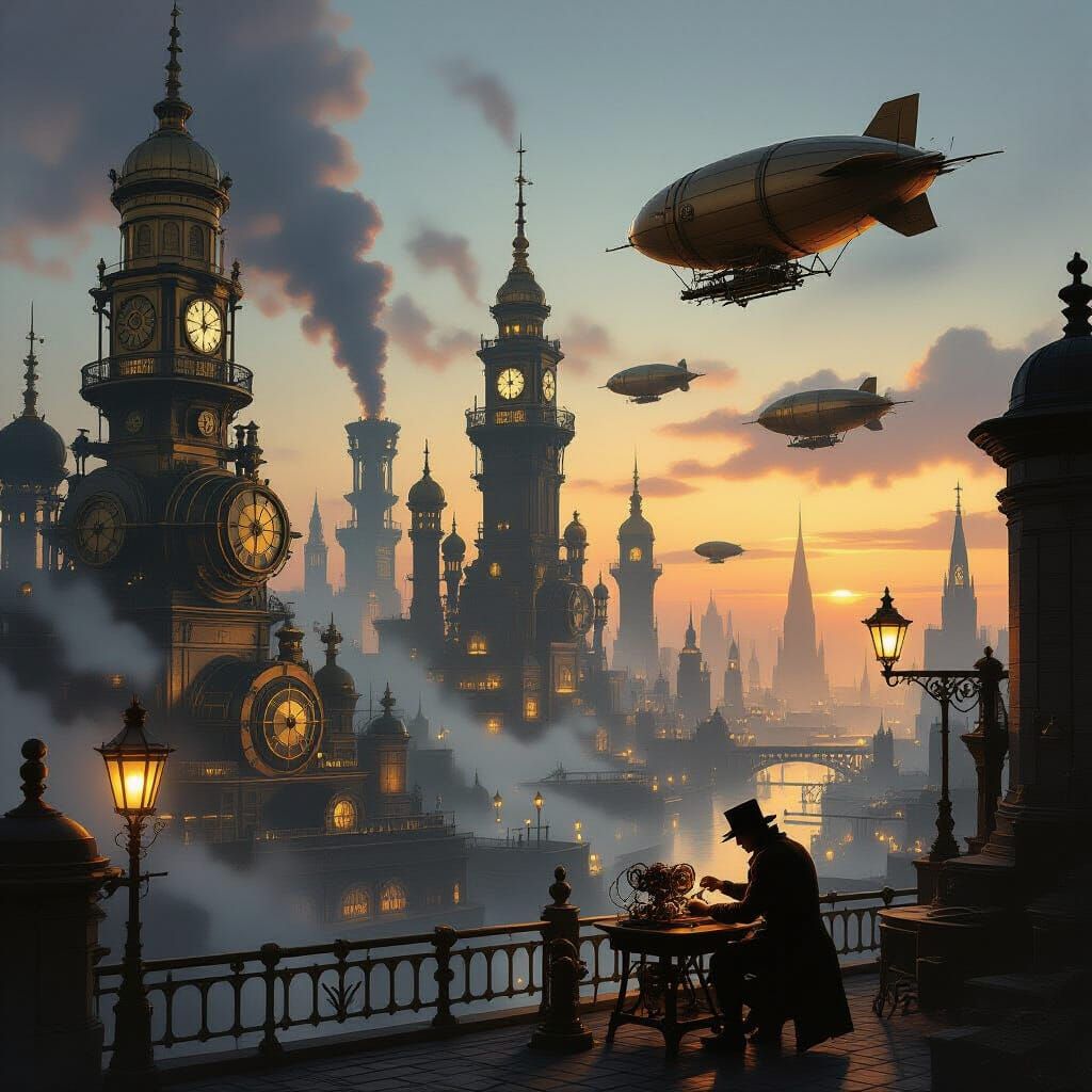 Steampunk Cityscape at Dusk with Inventor and Automaton