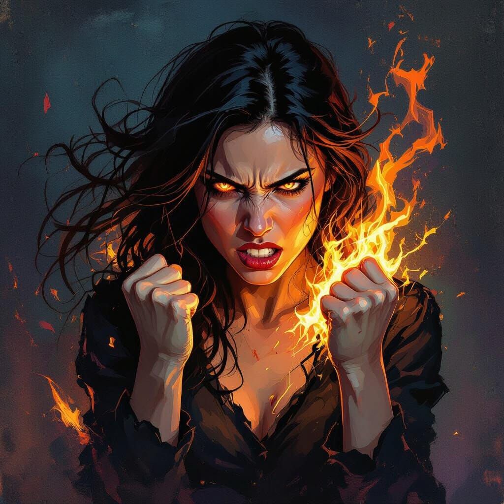 Woman Consumed by Rage, Eyes Ablaze, Turning to Embers