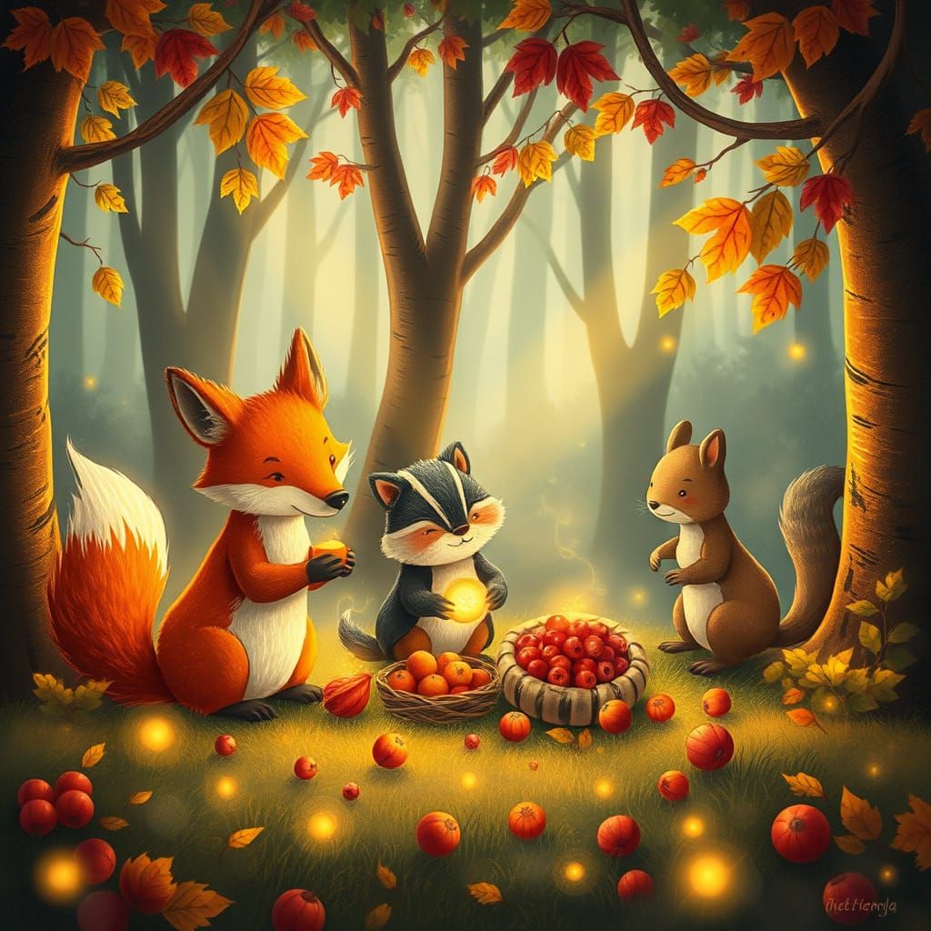 Woodland Creatures Harvest Magical Glowing Berries in Sunlit...