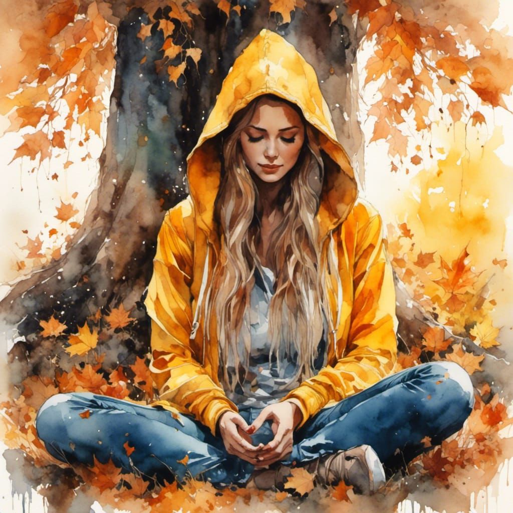 Mysterious Woman Meditating in Autumnal Watercolor