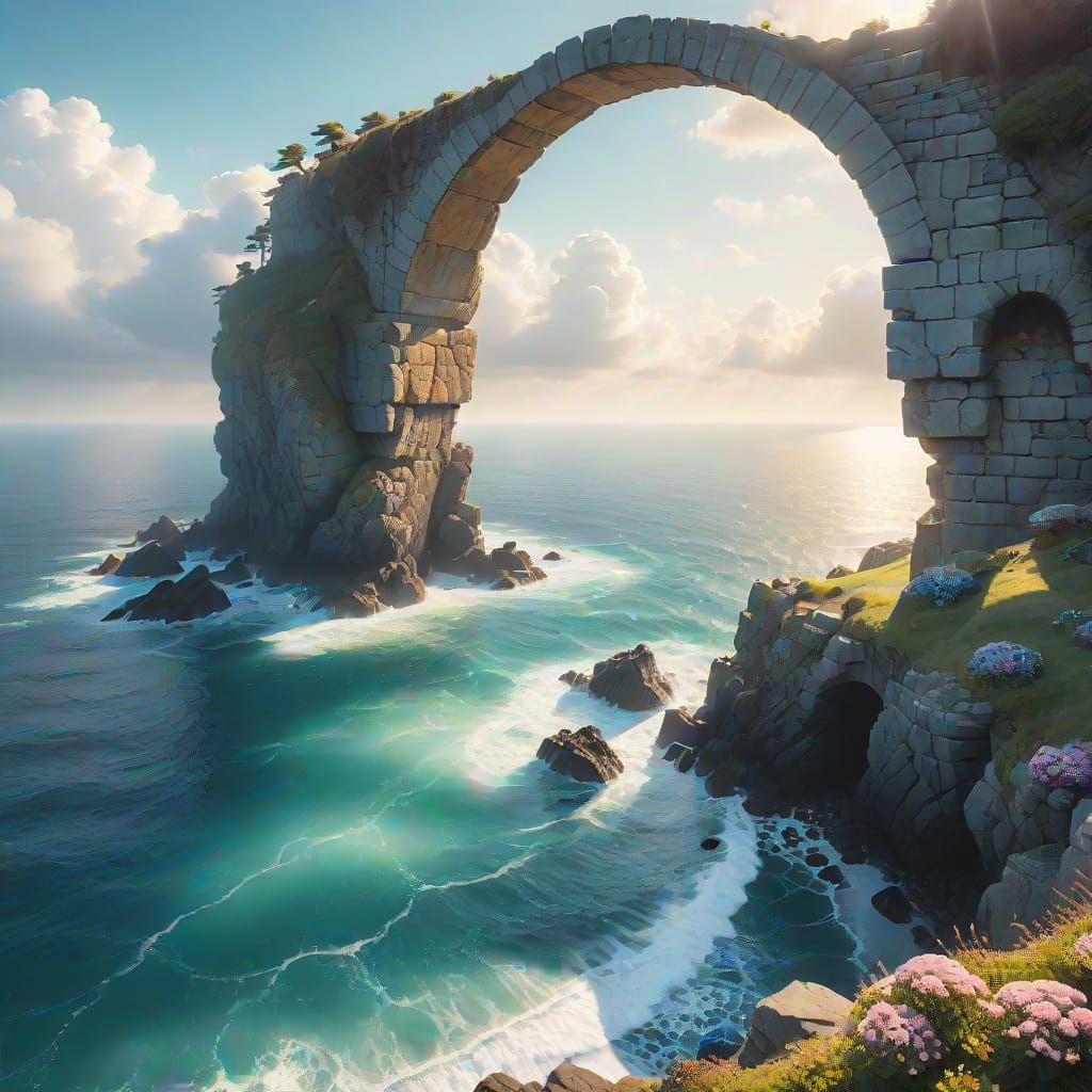 A stone archway on a cliff overlooking the sea, early mornin...