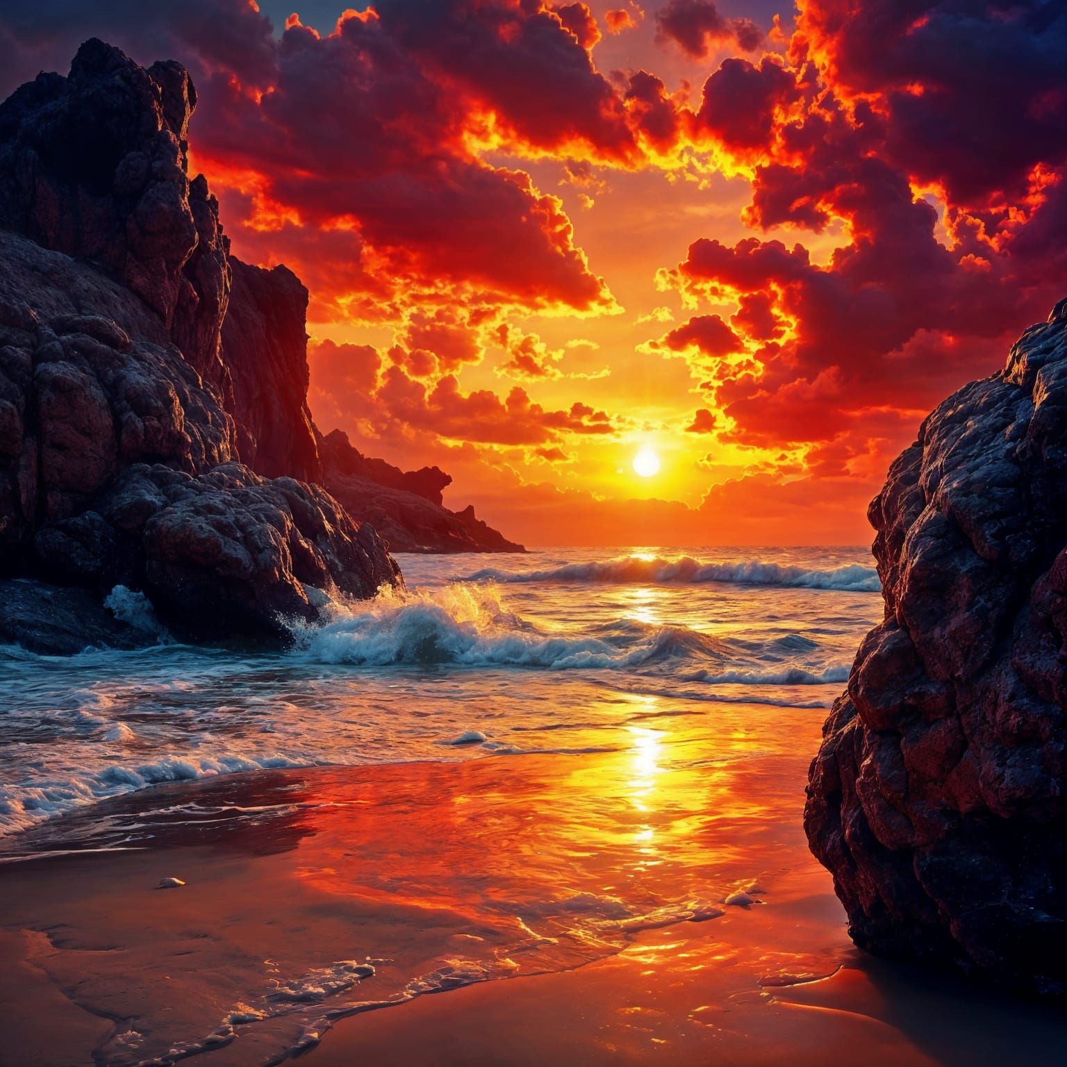 Magical Beach Sunset Over Reflective Sands