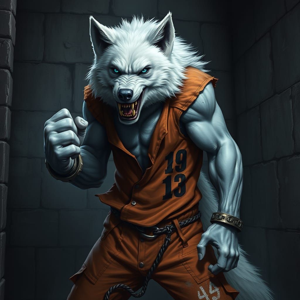 Imposing Wolf Prisoner in Dark Fantasy Style