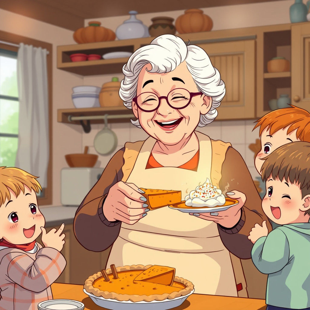 Anime Grandma Serving Pumpkin Pie