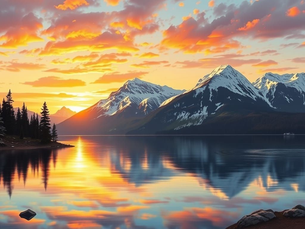 Glowing Lake Reflects Snowy Mountains at Sunset