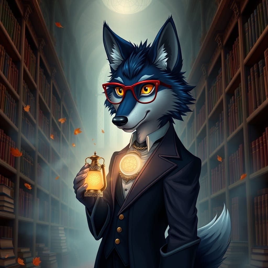 Wolfperson Librarian in Whimsical Library Scene
