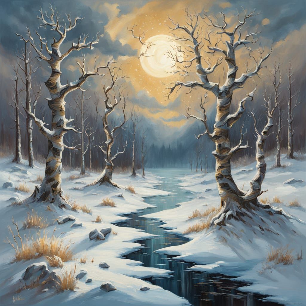 Mystical Winter Landscape with Subtle Occult Symbols