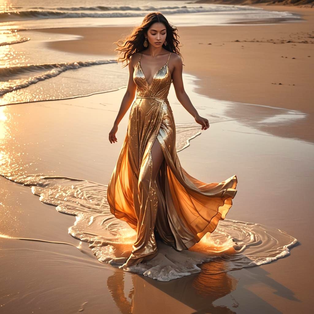 Golden Hour: Woman on a Beach at Sunset
