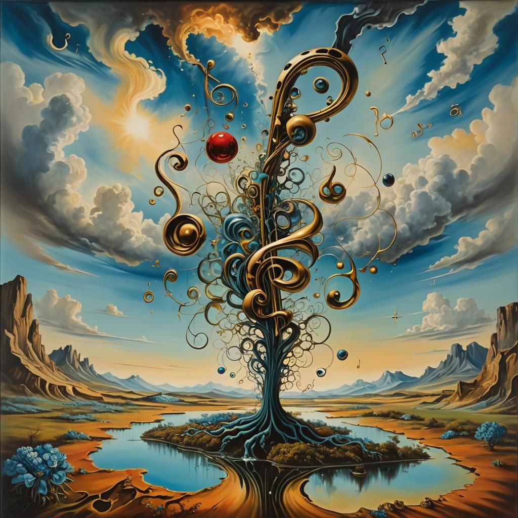 Surreal Landscape with Elastic Flora and Treble Clef