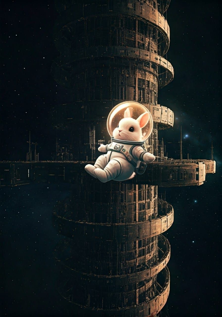 A Rabbit in Space Suit Floats in Front of Futuristic Space S...