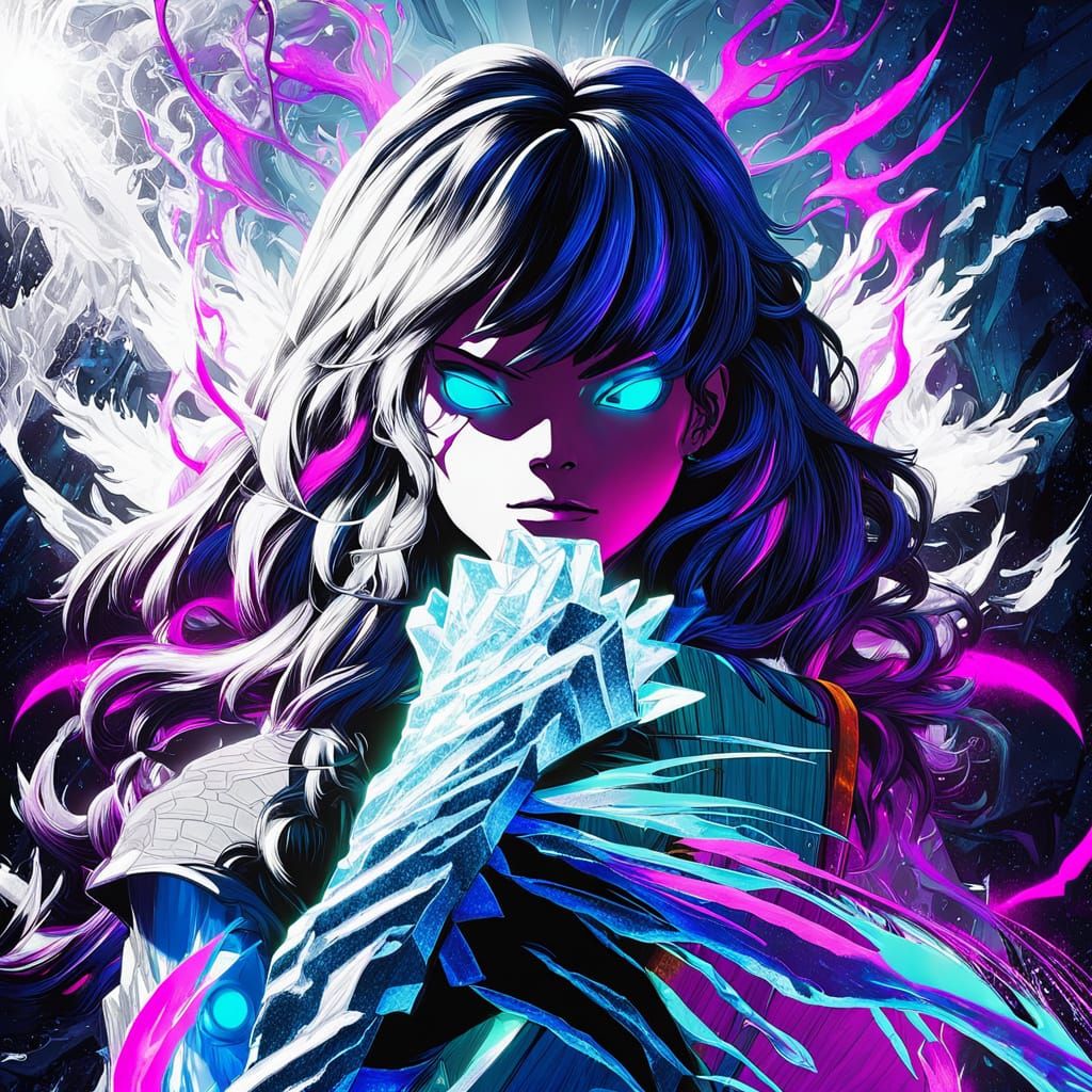 Cyberpunk Warrior Woman Wields Icy Katana in Neon-Lit Portra...