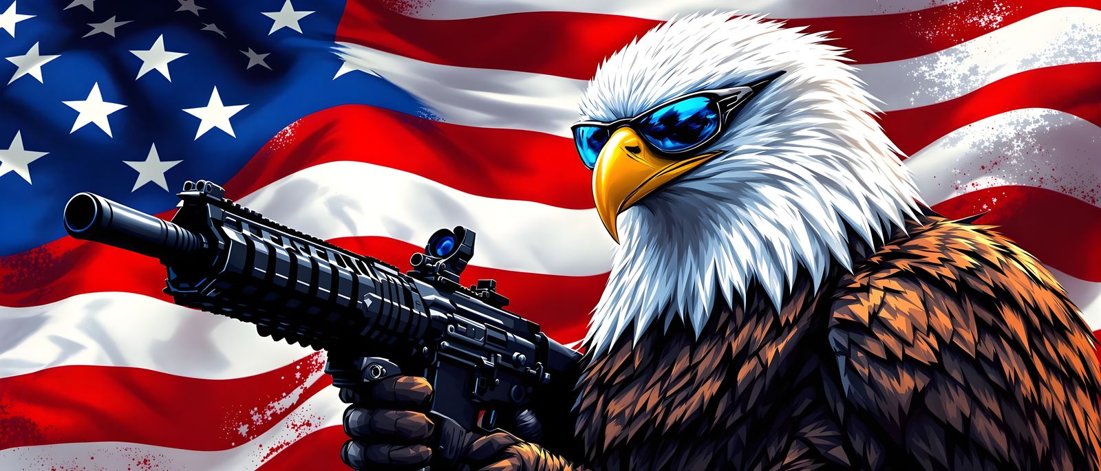 Patriotic Bald Eagle in Sunglasses Wields Assault Rifle