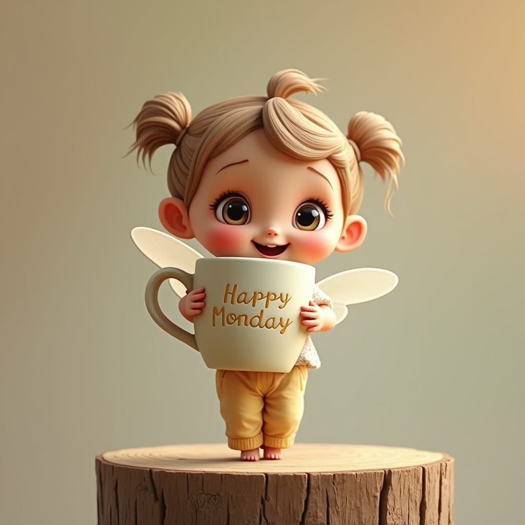 Whimsical Girl Hugs Oversized Coffee Mug on Weathered Wooden...