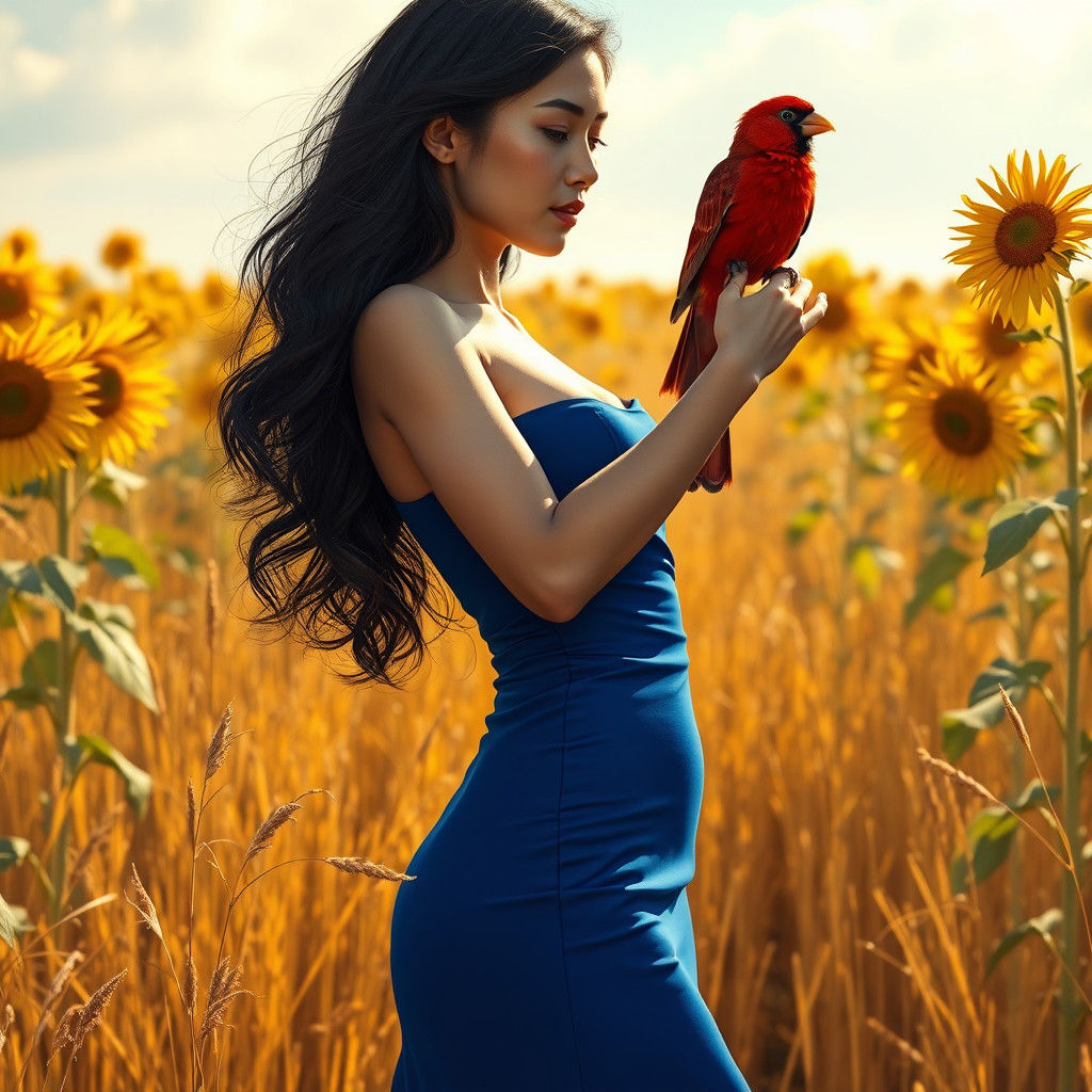Woman with Bird in Sunflower Field, Digital Art
