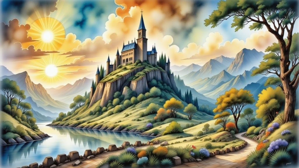 Fairytale Sky with Twin Suns in Watercolor Style