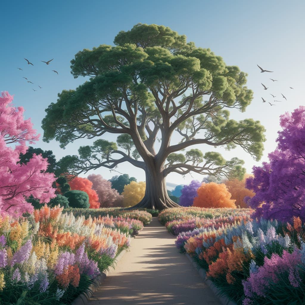 Majestic Oak Tree in Vibrant Botanical Garden Landscape
