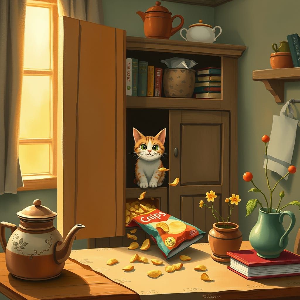 Cozy Kitchen Scene with Cat, Storybook Illustration