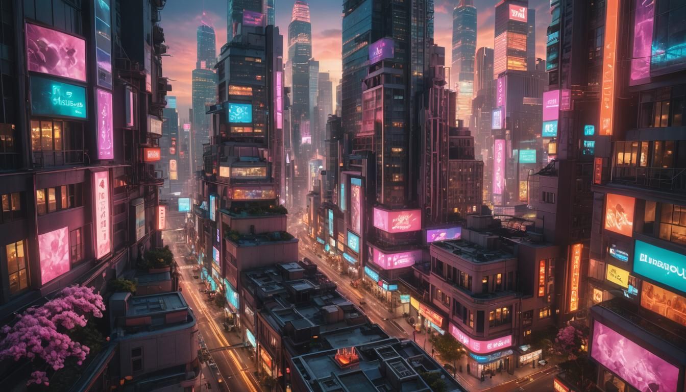 Glowing Flora in Hyperrealistic Retro-Futuristic Cityscape