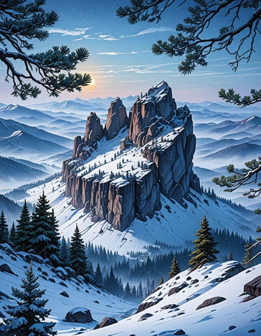 Ethereal Fantasy Landscape with Snowy Plateau and Majestic M...