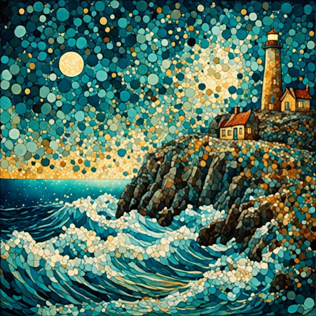 Moonlit Lighthouse in Pointillist Psychedelic Fantasy