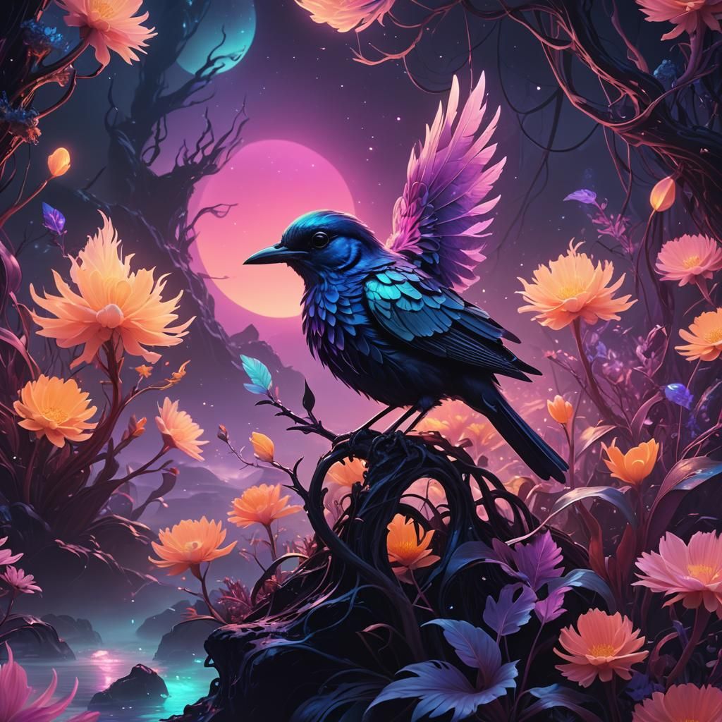 Iridescent Bird in Alien Twilight: Neon Pastel Art