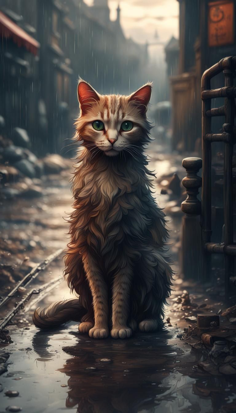 Sad Cat Waiting: Detailed Matte Painting